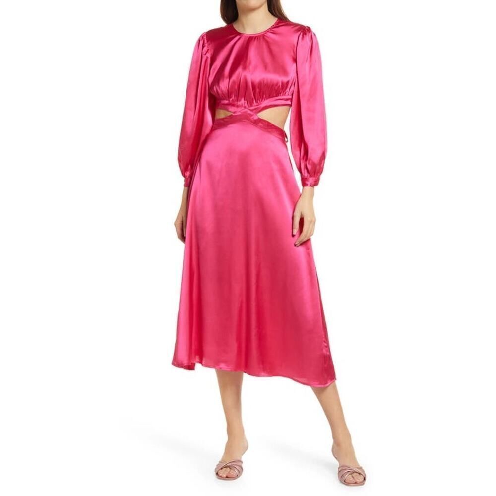 Rahi Cierra Dress Women's Medium Fuchsia Pink Satin Midi Cutout Balloon Sleeve